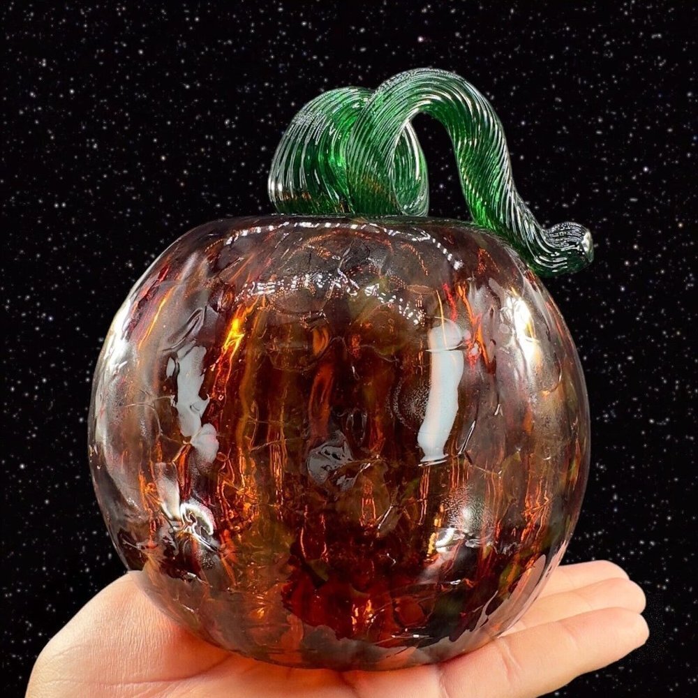 Hand Blown Art Glass Large Pumpkin Amber W Green Top Hand Made Glass Decor 6”T